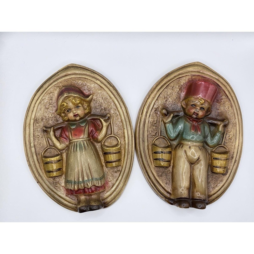 VTG Chalkware 3D Dutch Boy Girl Carrying Pail Wall Hanging Mid Century  MCM